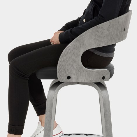 Alicia Grey Wooden Stool Black Real Leather Seat Image