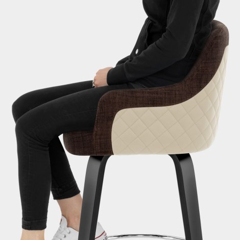 Dino Black Stool Cream Leather & Brown Fabric Seat Image