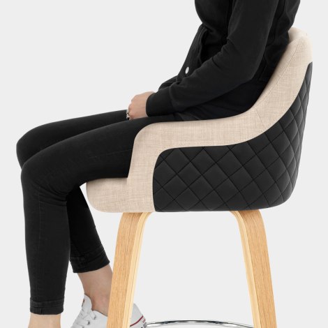 Dino Oak Stool Black Leather & Beige Fabric Seat Image
