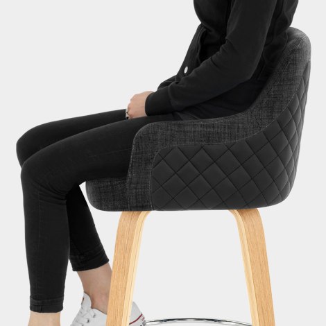 Dino Oak Stool Black Leather & Charcoal Fabric Seat Image