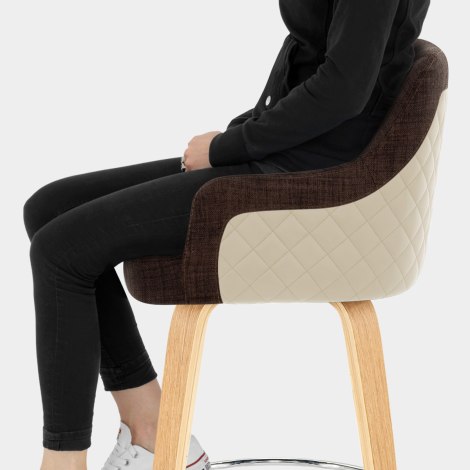 Dino Oak Stool Cream Leather & Brown Fabric Seat Image