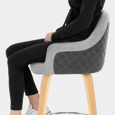 Dino Oak Stool Grey Leather & Grey Fabric Seat Image