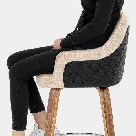 Dino Walnut Stool Black Leather & Beige Fabric Seat Image