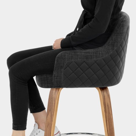Dino Walnut Stool Black Leather & Charcoal Fabric Seat Image