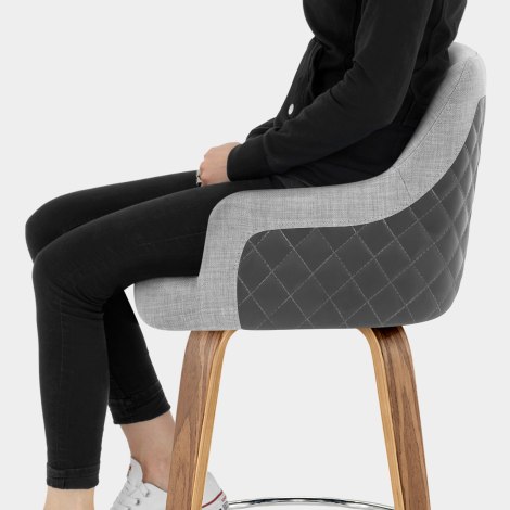 Dino Walnut Stool Grey Leather & Grey Fabric Seat Image