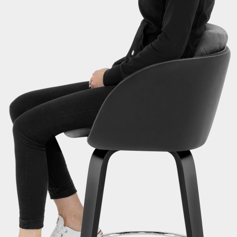 Mojo Black Stool Black Leather & Grey Velvet Seat Image