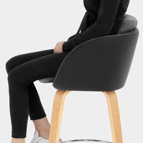 Mojo Oak Stool Black Leather & Grey Velvet Seat Image
