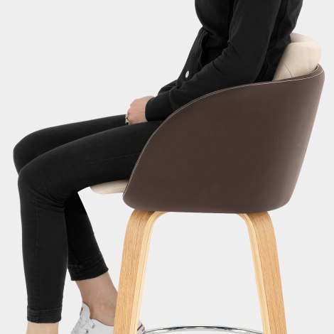 Mojo Oak Stool Brown Leather & Cream Velvet Seat Image