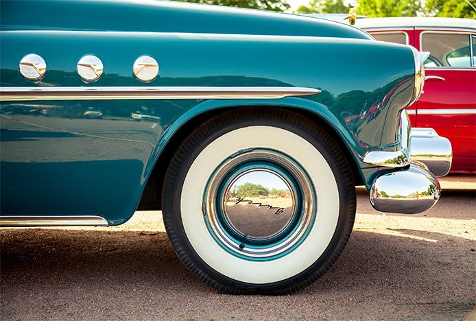 Blue Chrome Metalwork on Vintage Car