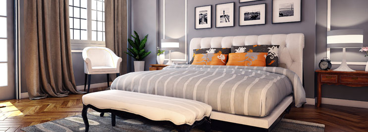 White Quilted Fabric Bed with Striped Bedcover