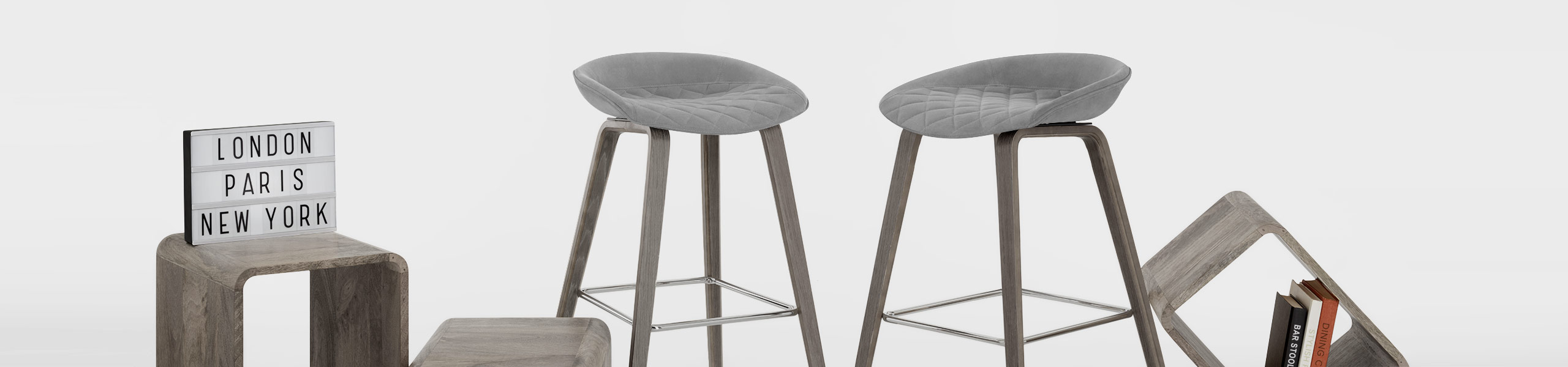 Epic Wooden Stool Grey Velvet Video Banner